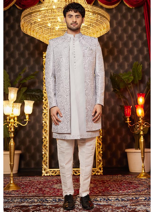 Art Silk Grey Wedding Wear Thread Work Readymade Indo Western Sherwani